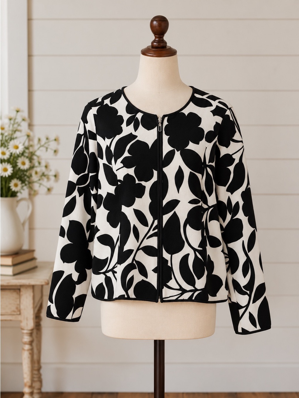 Women's Medium Black White Stretch Zipper Long Sleeve Work Casual Soft Cardigan